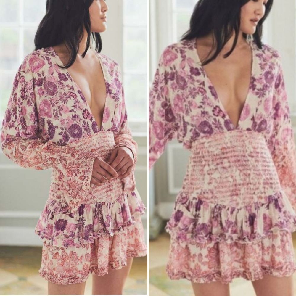 HEMANT & NANDITA Pink and Purple Floral Tiered Mini Dress